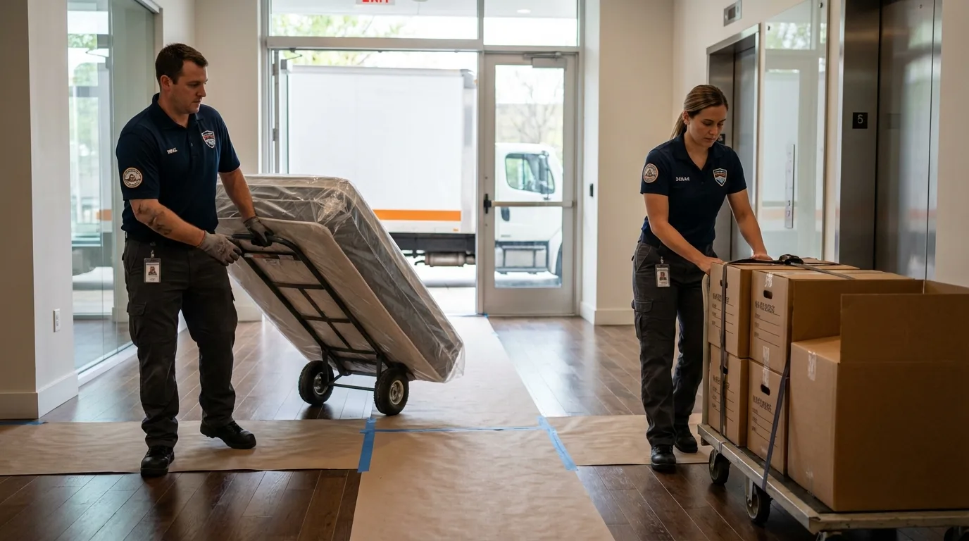Professional apartment movers loading elevator in Maple Valley, WA